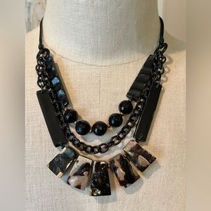 Black Leopard Print & Black Beaded Faux Draw String Leather Necklace